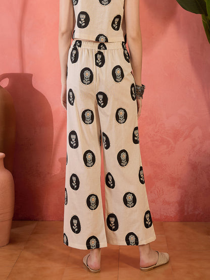 Black Botanical Printed Cotton Blend Trousers