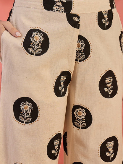 Black Botanical Printed Cotton Blend Trousers