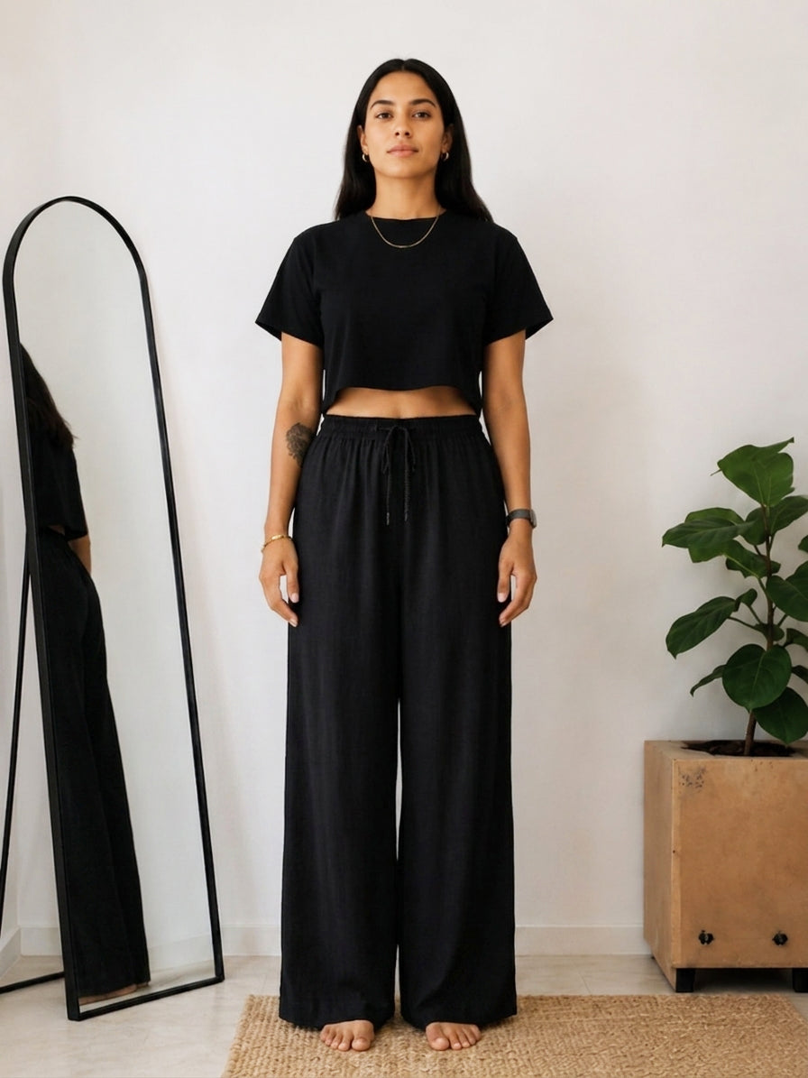 Solid Wide Leg Rayon Flex Trouser