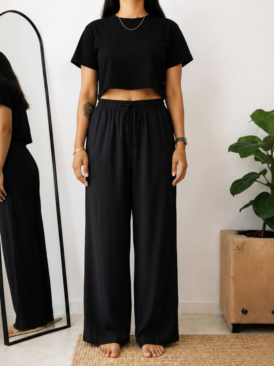 Solid Wide Leg Rayon Flex Trouser