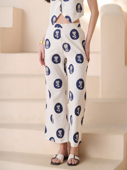 Blue Botanical Printed Cotton Blend Trousers