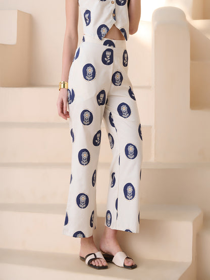 Blue Botanical Printed Cotton Blend Trousers