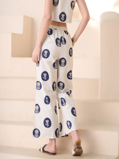 Blue Botanical Printed Cotton Blend Trousers