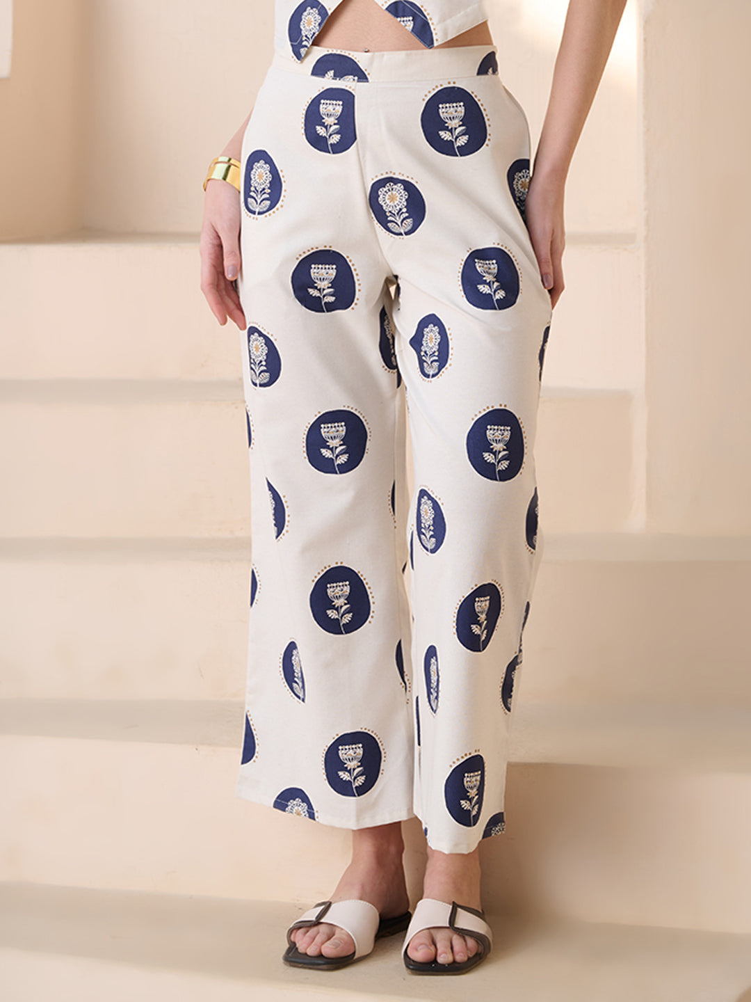 Blue Botanical Printed Cotton Blend Trousers