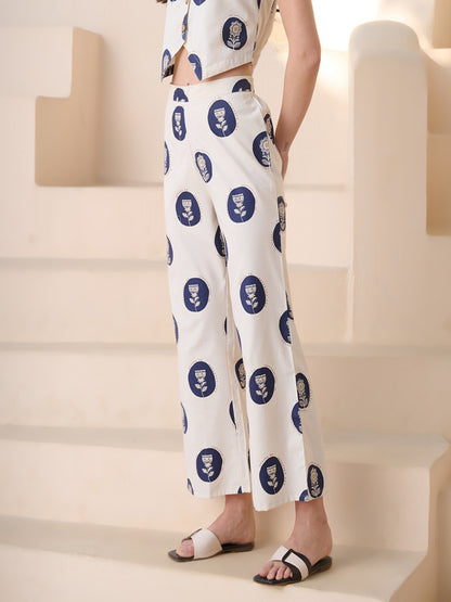 Blue Botanical Printed Cotton Blend Trousers