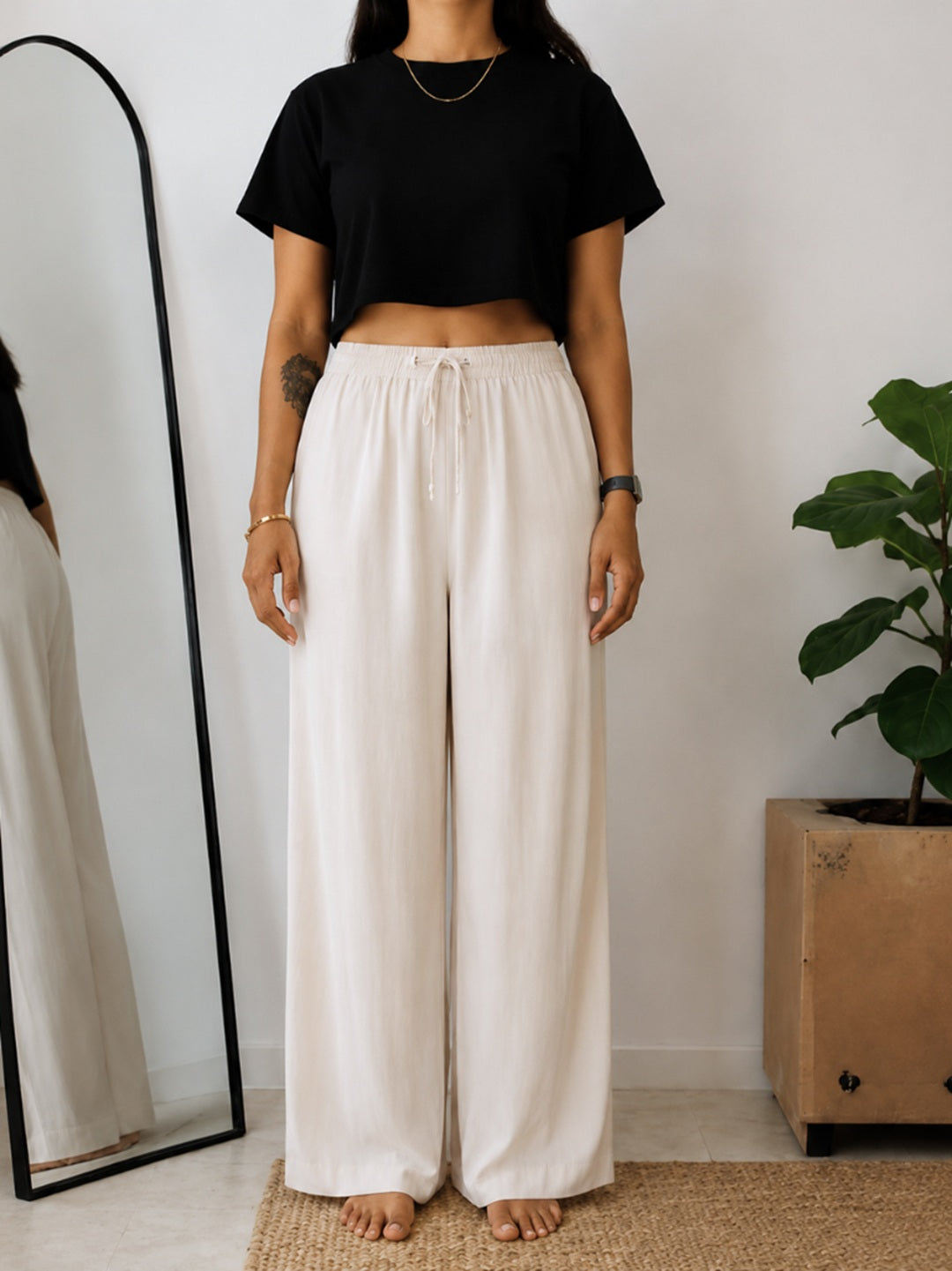 Solid Wide Leg Rayon Flex Trouser