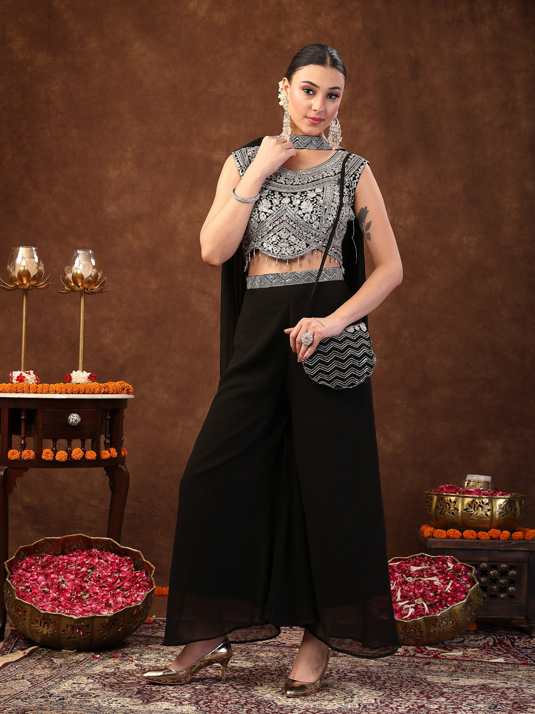 Black Embellished Party Wear Georgette Palazzo & Blouse With Dupatta (Pre-Order)