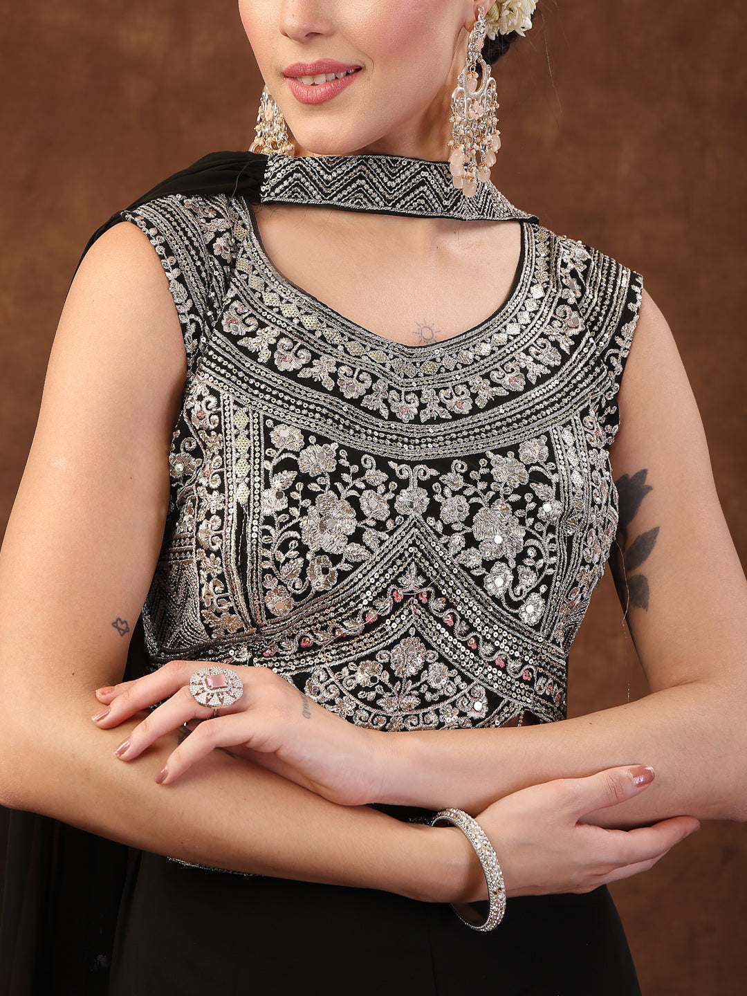 Black Embellished Party Wear Georgette Palazzo & Blouse With Dupatta (Pre-Order)
