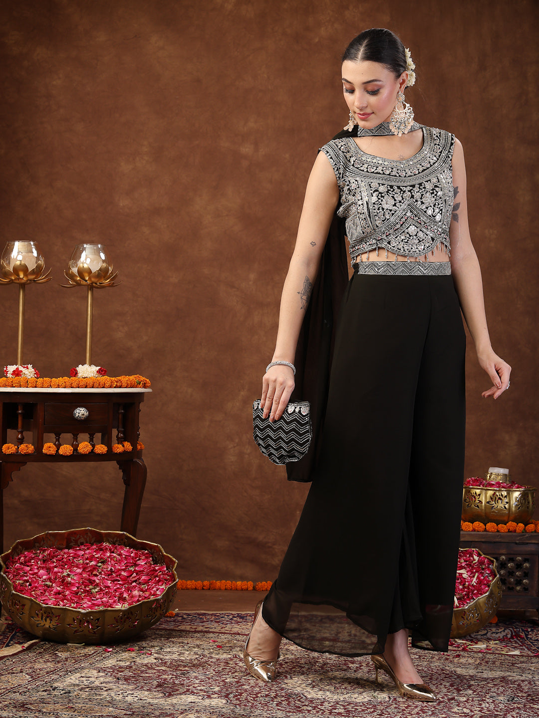 Black Embellished Party Wear Georgette Palazzo & Blouse With Dupatta (Pre-Order)