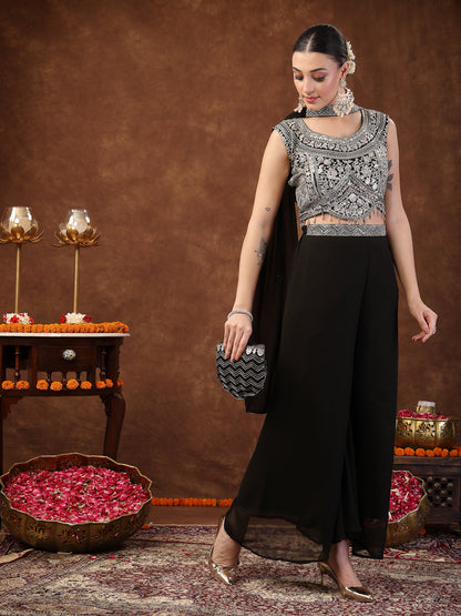 Black Embellished Party Wear Georgette Palazzo & Blouse With Dupatta (Pre-Order)