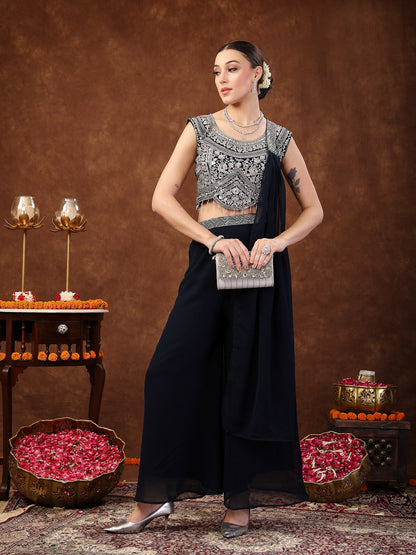 Teal Embellished Party Wear Georgette Palazzo & Blouse With Dupatta