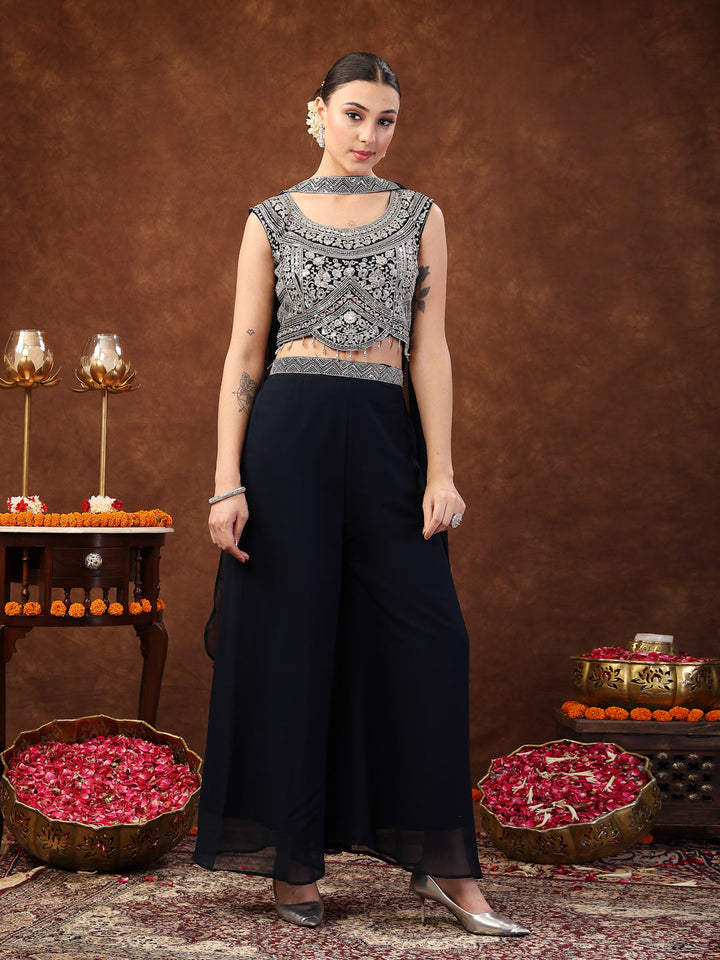 Teal Embellished Party Wear Georgette Palazzo &amp; Blouse With Dupatta