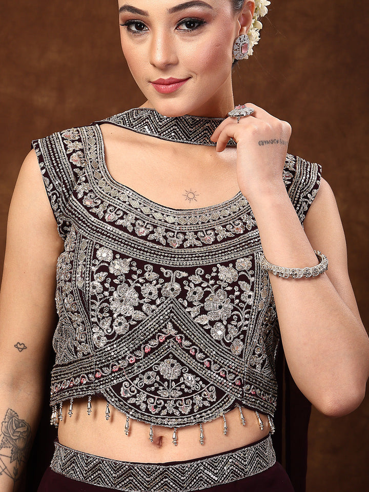 Wine Embellished Party Wear Georgette Palazzo &amp; Blouse With Dupatta