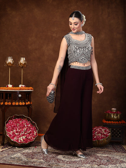 Wine Embellished Party Wear Georgette Palazzo & Blouse With Dupatta
