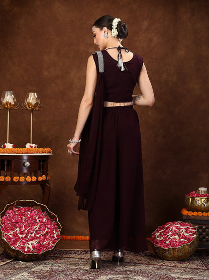 Wine Embellished Party Wear Georgette Palazzo & Blouse With Dupatta