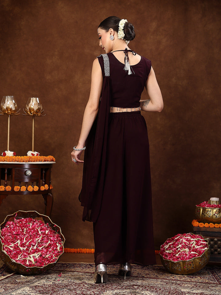 Wine Embellished Party Wear Georgette Palazzo &amp; Blouse With Dupatta