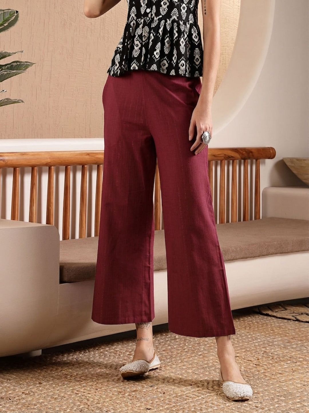Woven Design Cotton Blend Trousers