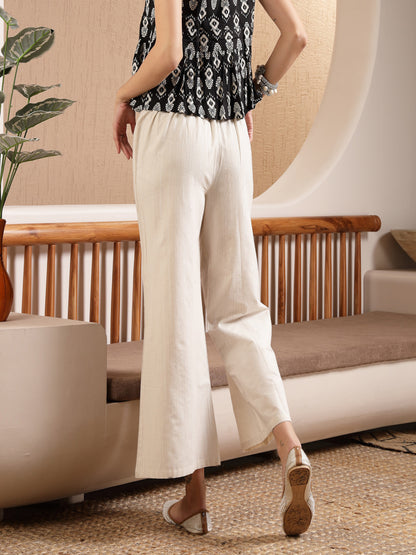 Off White Woven Design Cotton Blend Trousers
