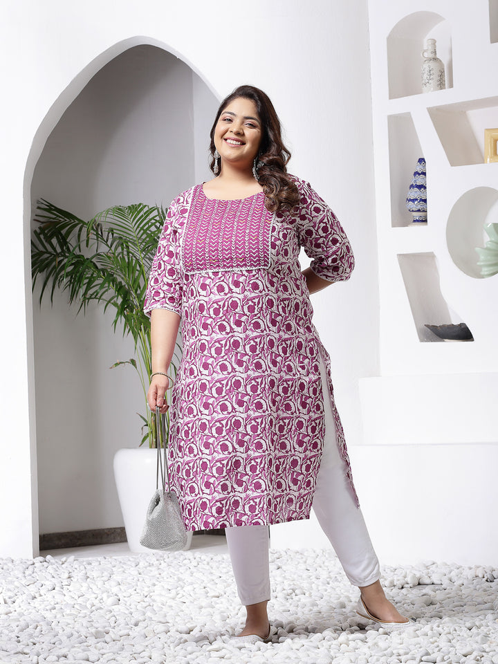 Purple Printed Cotton Slub Straight Kurta
