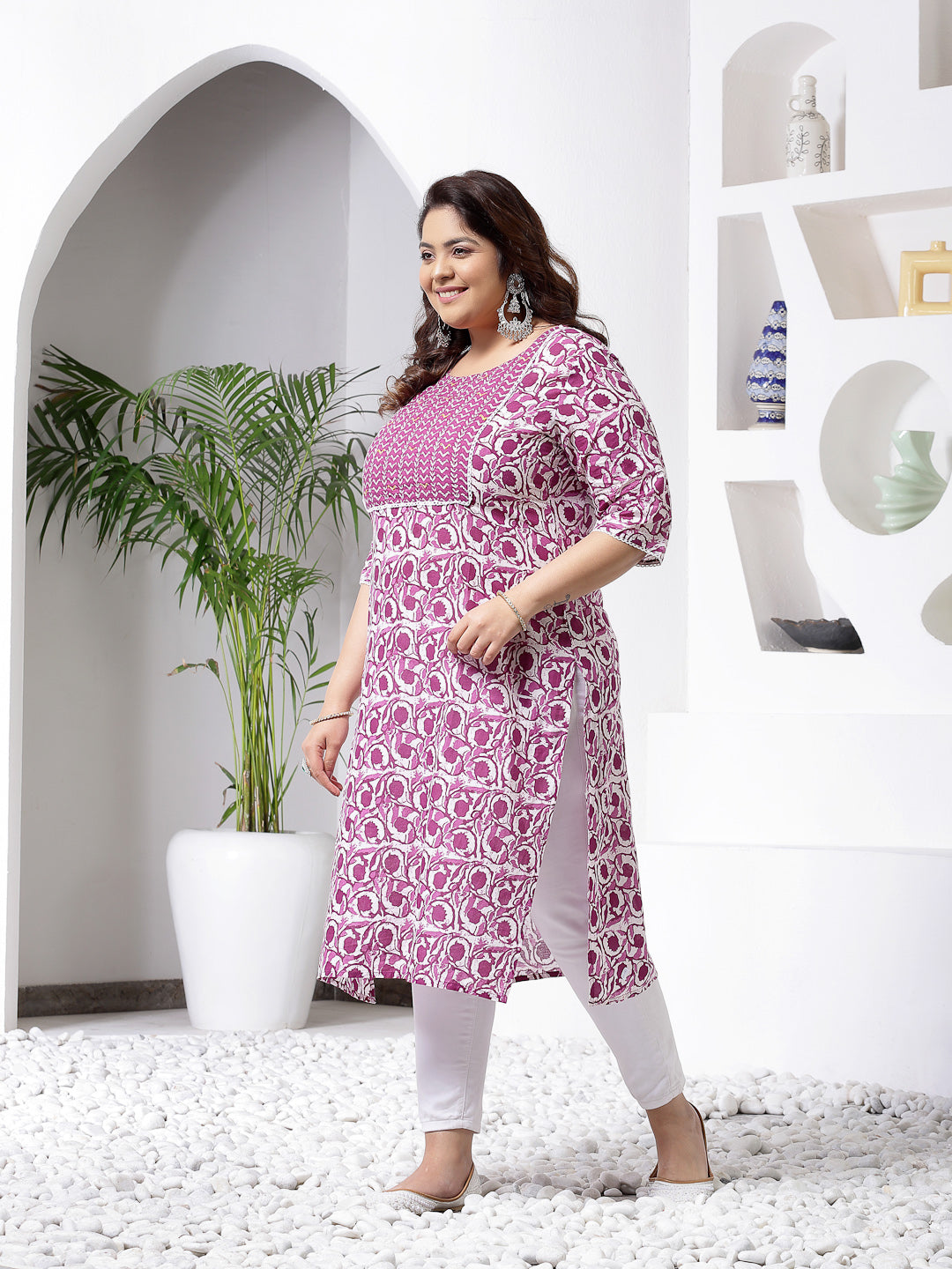 Purple Printed Cotton Slub Straight Kurta
