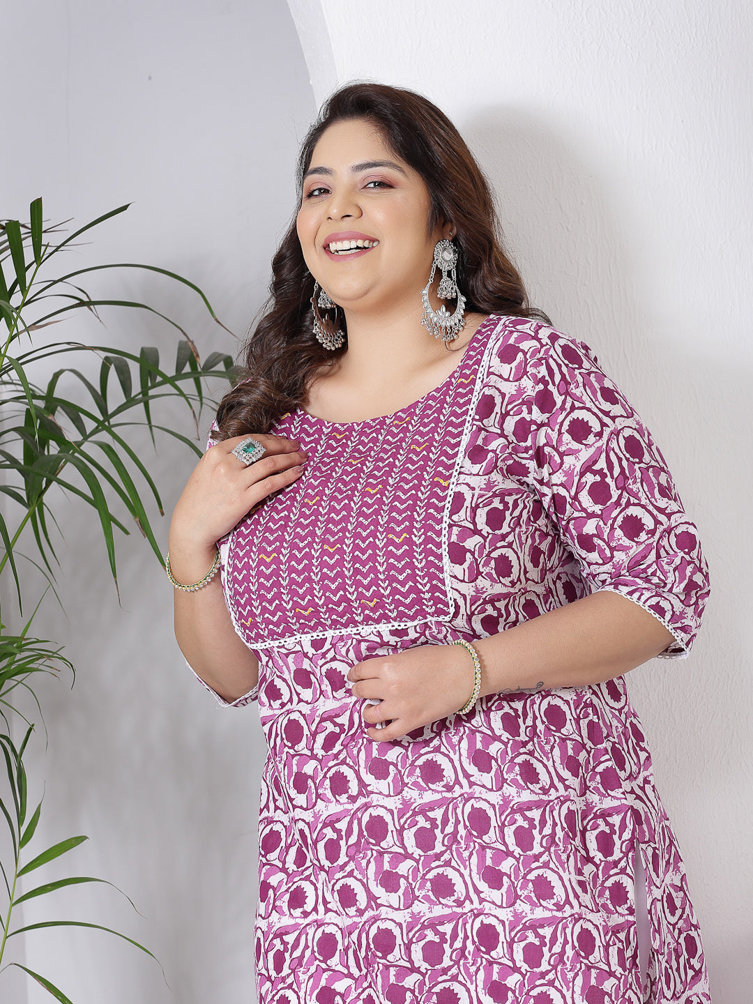 Purple Printed Cotton Slub Straight Kurta