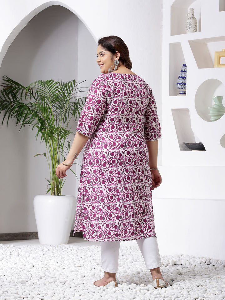 Purple Printed Cotton Slub Straight Kurta