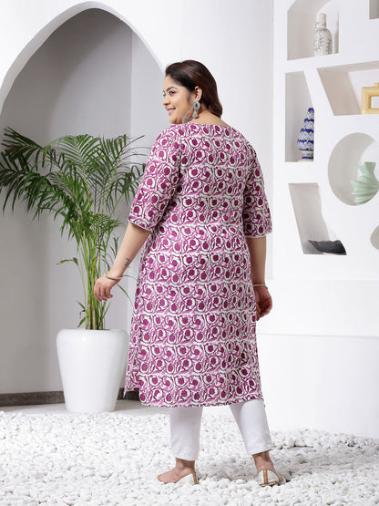 Plus Size Floral Printed Cotton Straight Kurta