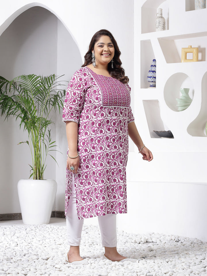 Purple Printed Cotton Slub Straight Kurta