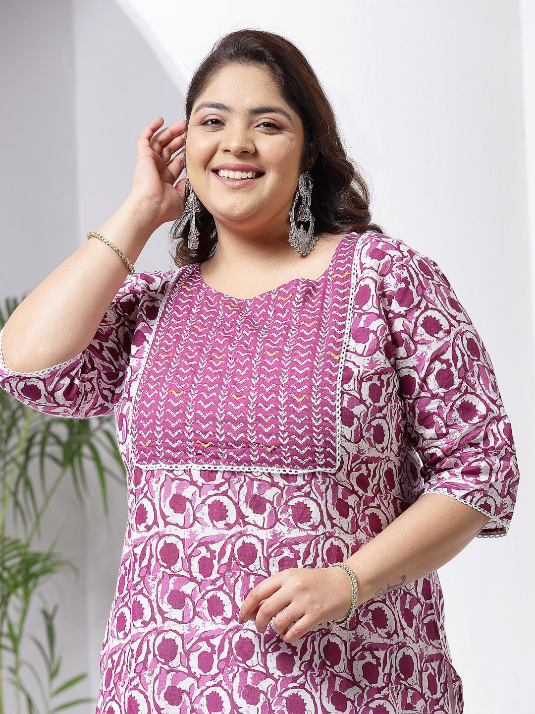Plus Size Floral Printed Cotton Straight Kurta