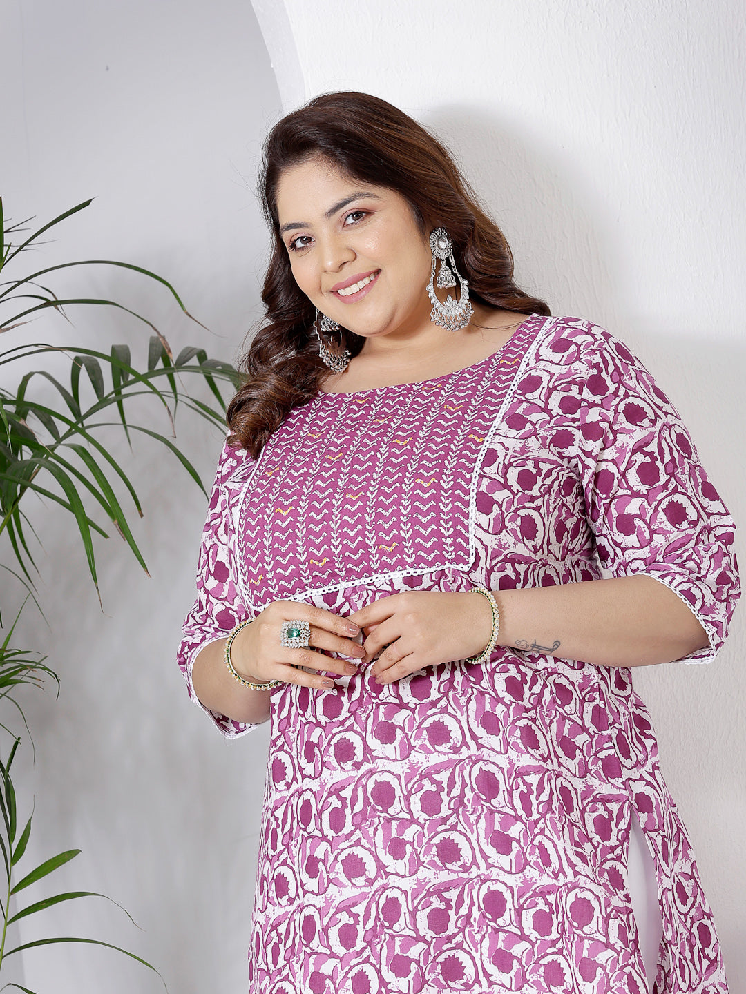 Purple Printed Cotton Slub Straight Kurta
