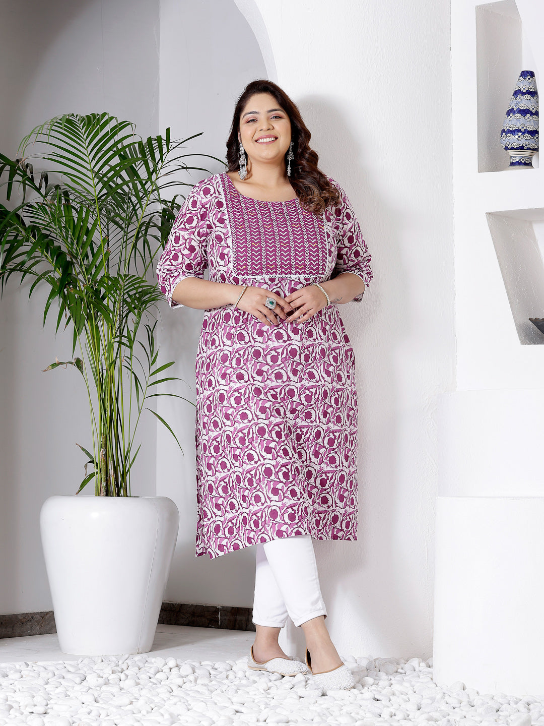 Purple Printed Cotton Slub Straight Kurta