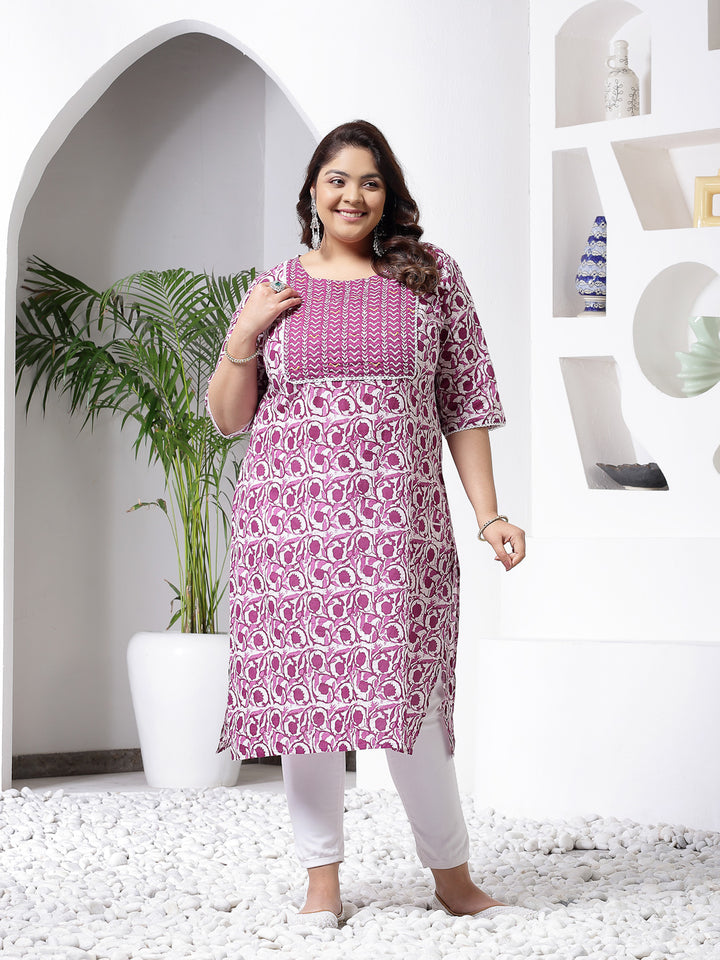 Purple Printed Cotton Slub Straight Kurta