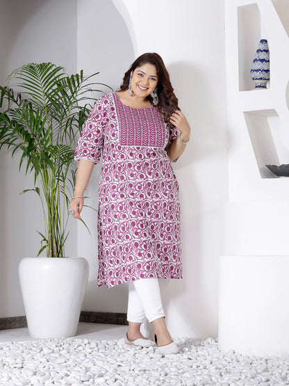 Purple Printed Cotton Slub Straight Kurta (Pre-Order)
