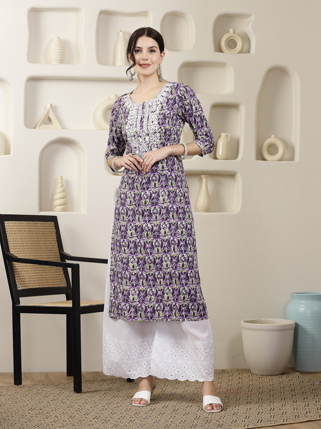 Purple Printed &amp; Embroidered Rayon Straight Chicken Kurta