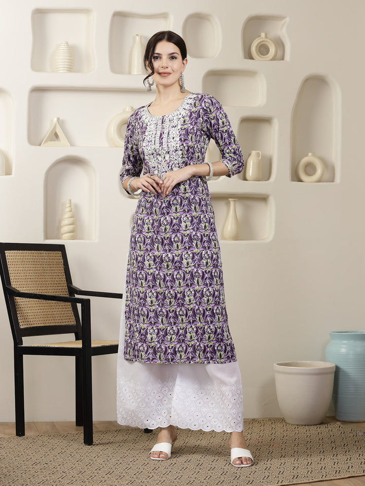 Purple Printed &amp; Embroidered Rayon Straight Chicken Kurta