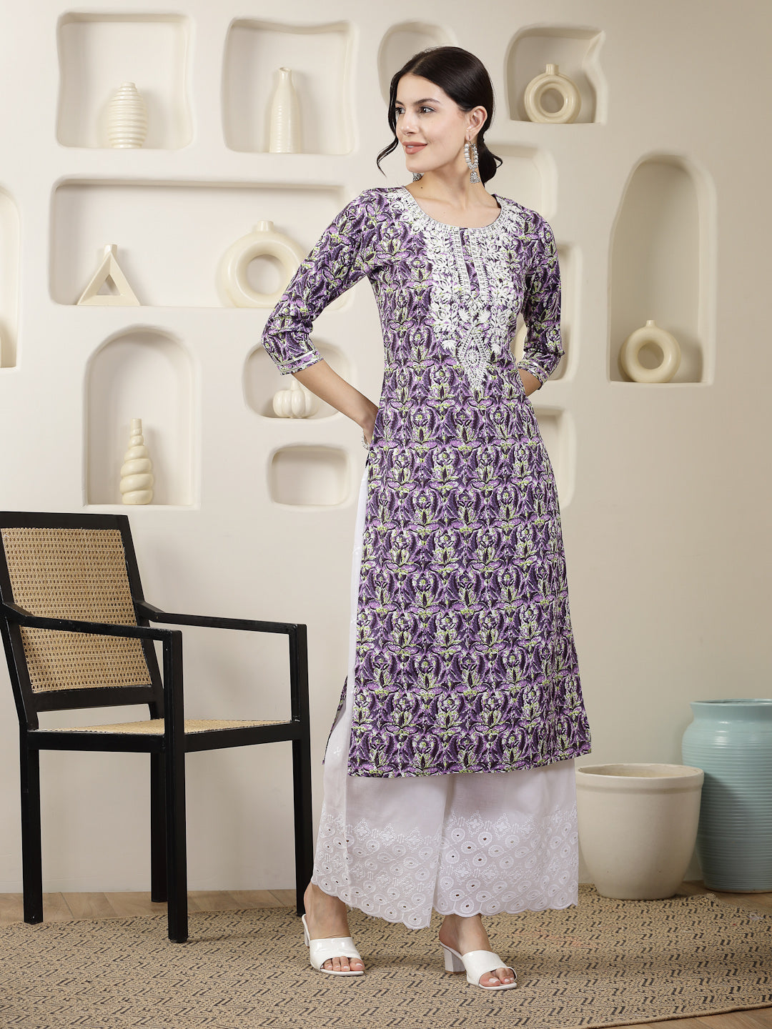 Purple Printed &amp; Embroidered Rayon Straight Chicken Kurta
