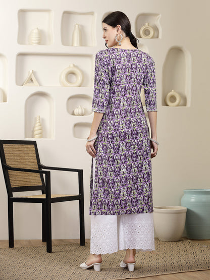 Purple Printed & Embroidered Rayon Straight Chicken Kurta