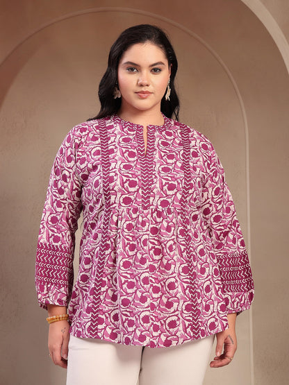 Plus Size Purple Floral Printed Cotton Top