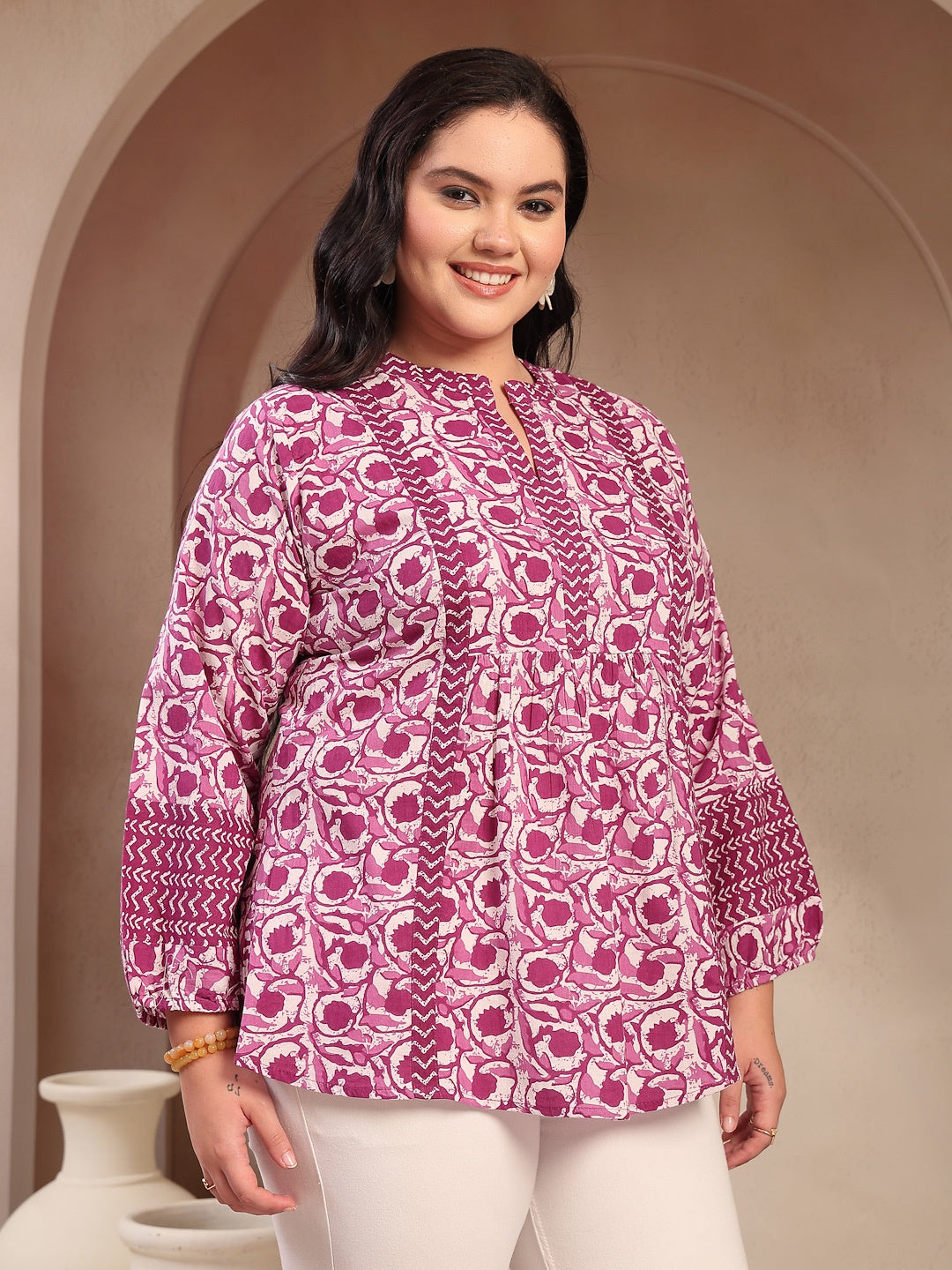 Plus Size Purple Floral Printed Cotton Top