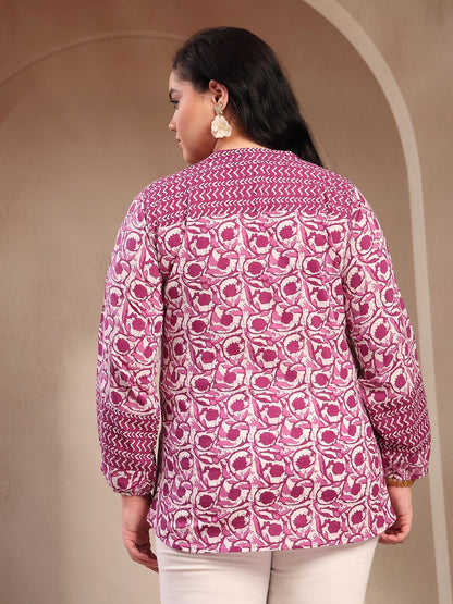Plus Size Purple Floral Printed Cotton Top