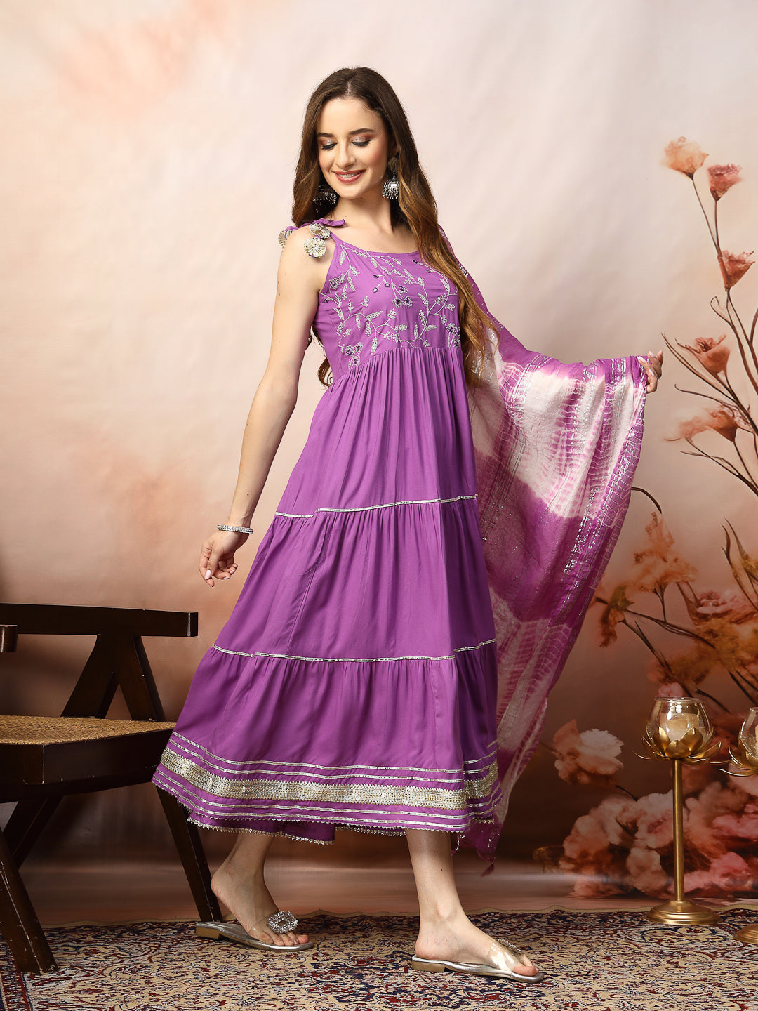Embroidered Cotton Tiered Kurta With Dupatta (Pre-Order)