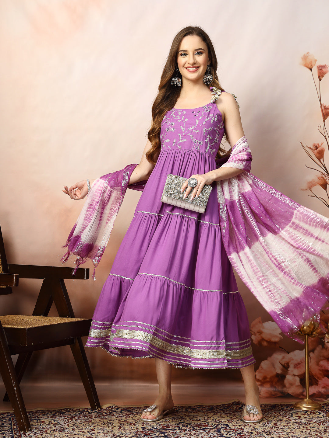 Embroidered Cotton Tiered Kurta With Dupatta (Pre-Order)