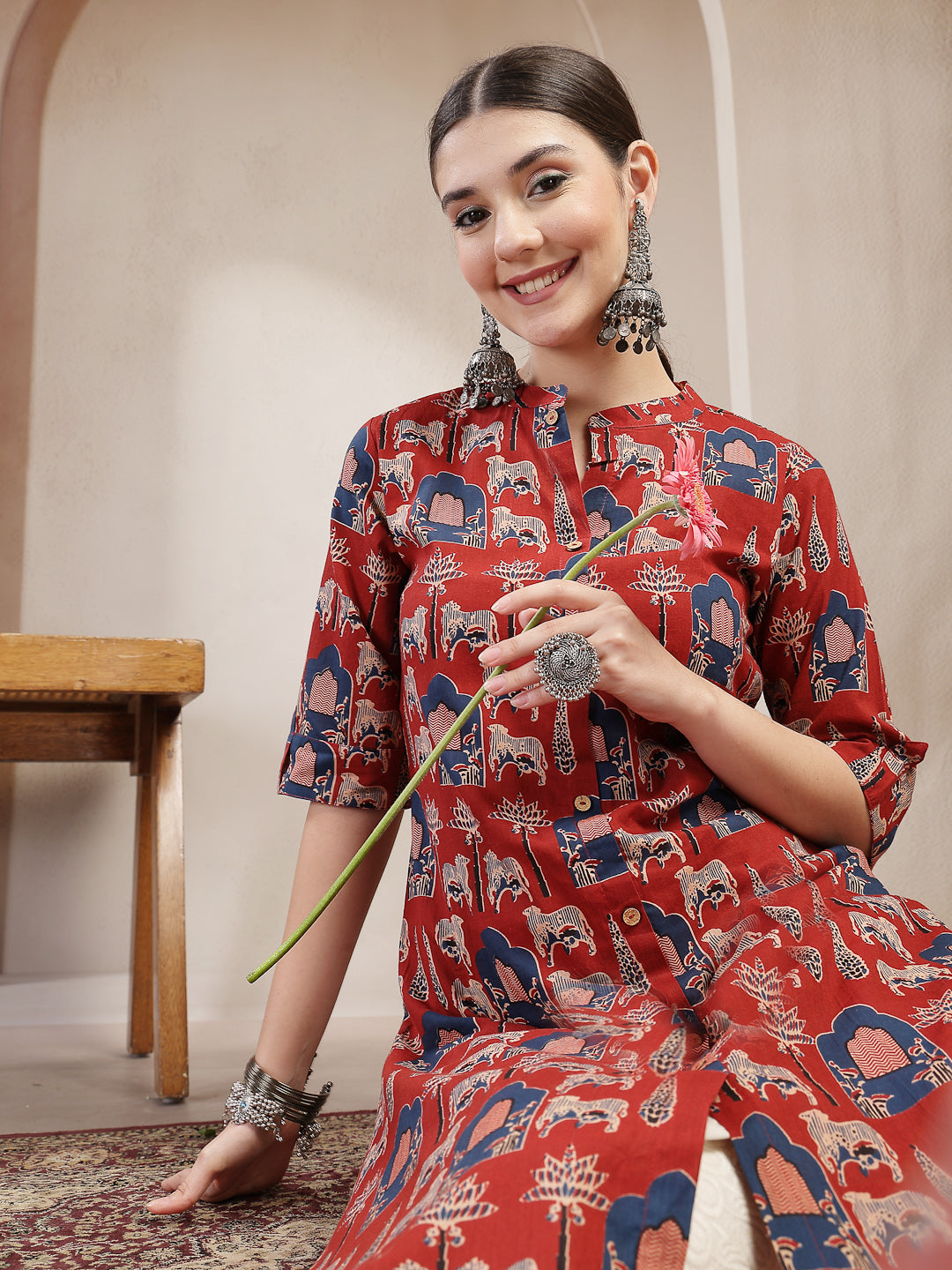 Animal Printed Cotton A-Line Kurta