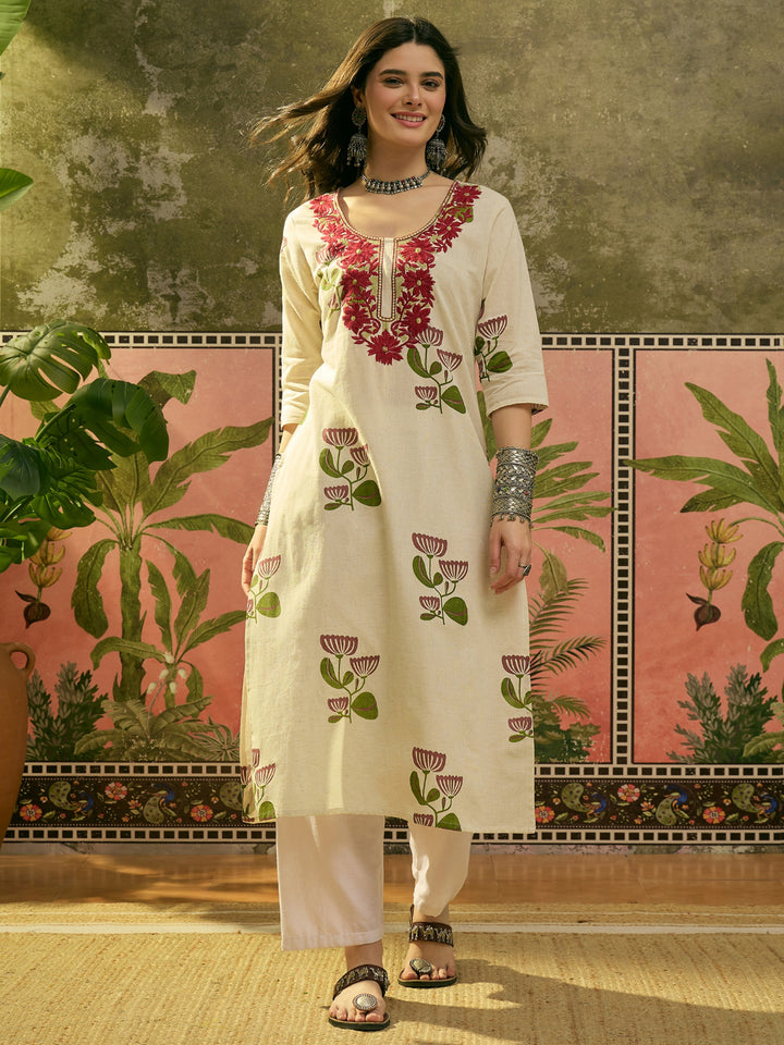 Floral Printed &amp; Embroidered Cotton Straght Kurta