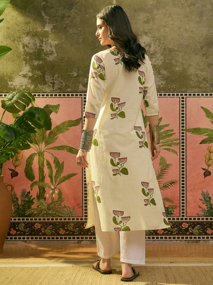 Floral Printed &amp; Embroidered Cotton Straght Kurta