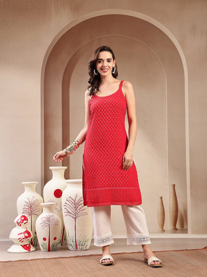 Red Chikankari Rayon Straight Kurta (Pre-Order)