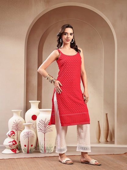 Red Chikankari Rayon Straight Kurta