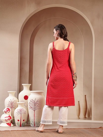 Red Chikankari Rayon Straight Kurta (Pre-Order)