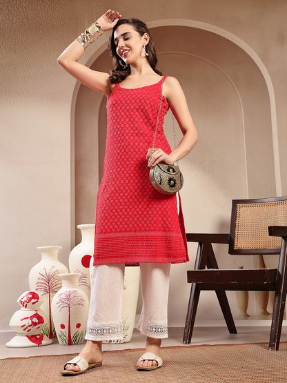 Red Chikankari Rayon Straight Kurta