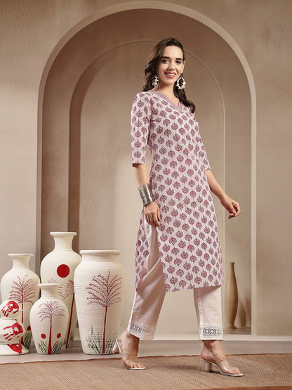 Red Floral Printed Cotton Straight Kurta